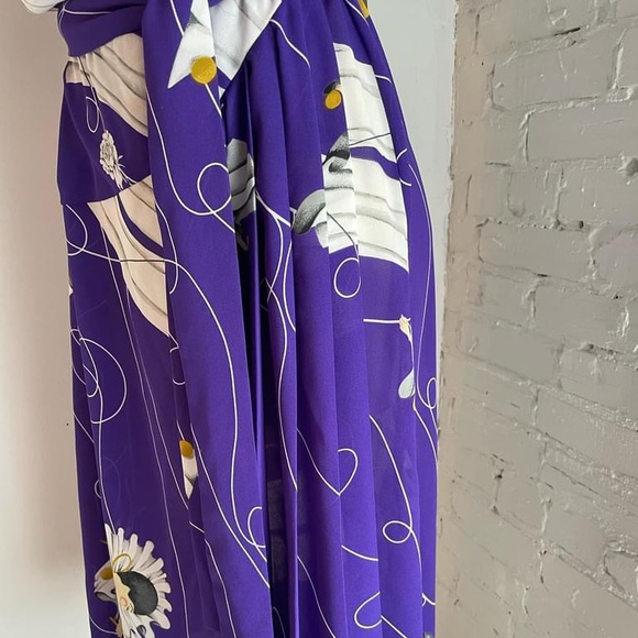 70s/80s sundress in royal purple with mustard accents, featuring Pierrot images. - Picture 3 of 5